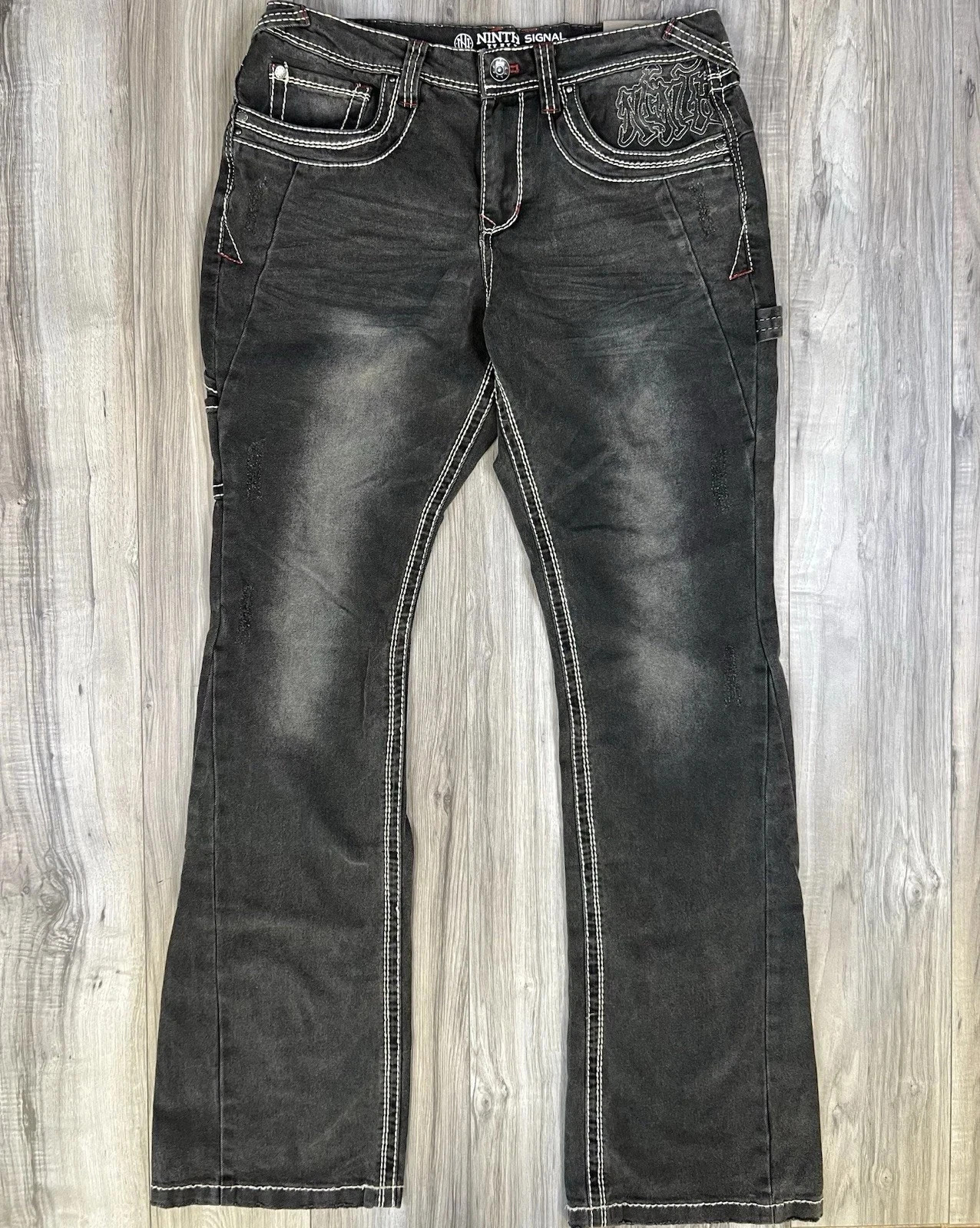 Ninth Hall Signal Stacked Flare Black Distressed Jeans Mens Size 38 Denim NEW
