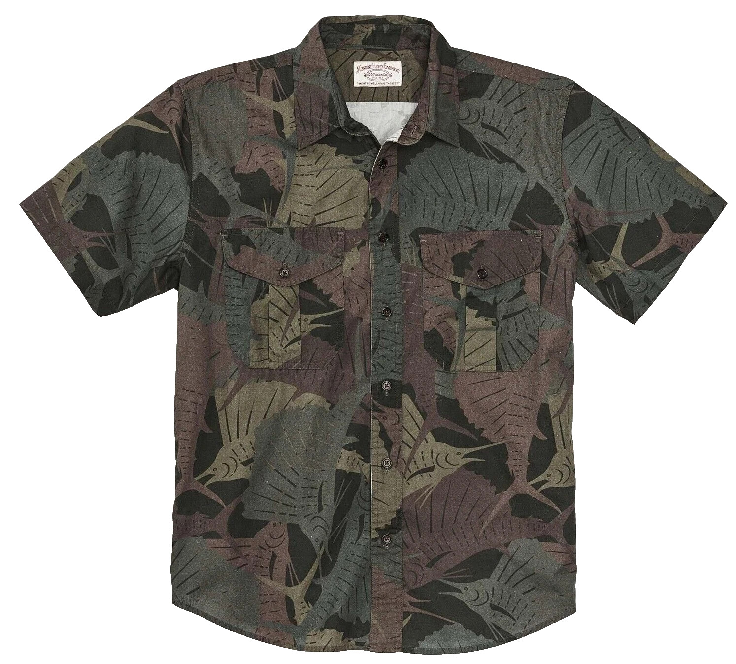 Filson Feather Cloth Shirt Short Sleeve Men\'s Medium Sailfish Olive Camo Fishing