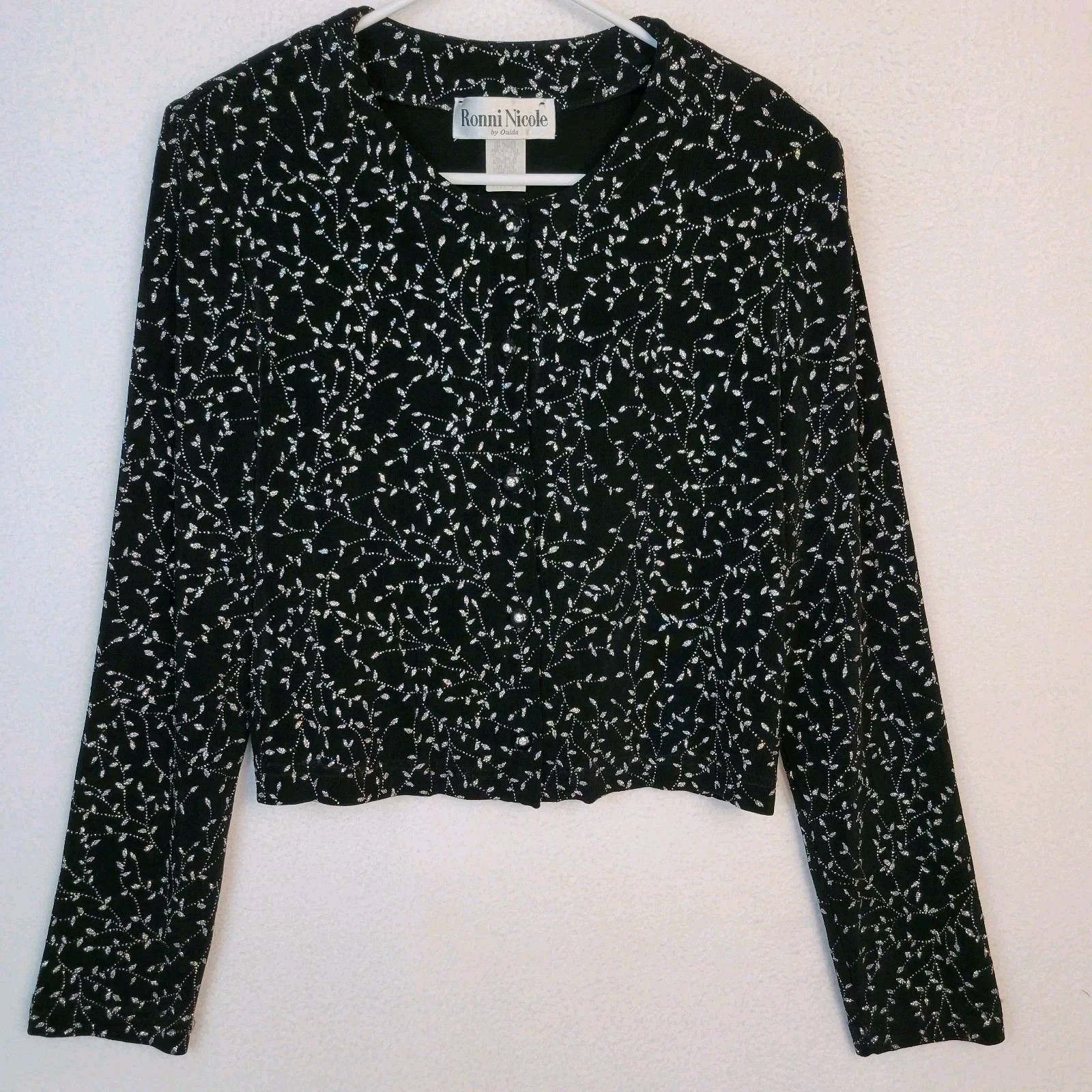 VTG Ronni Nicole Rhinestone Button Cropped Cardigan Black Shimmer Beaded Knit