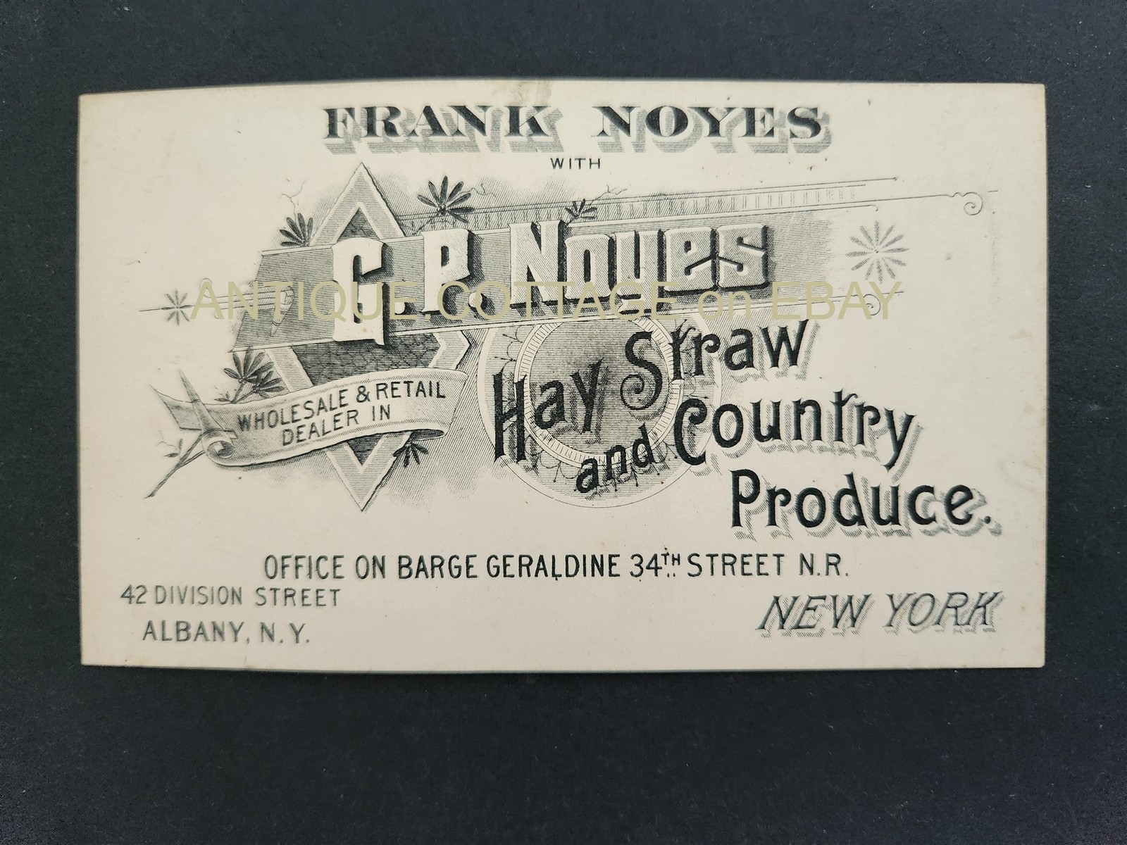 1880 antique FRANK with GP NOYES albany ny HAW STRAW PRODUCE business AD CARD