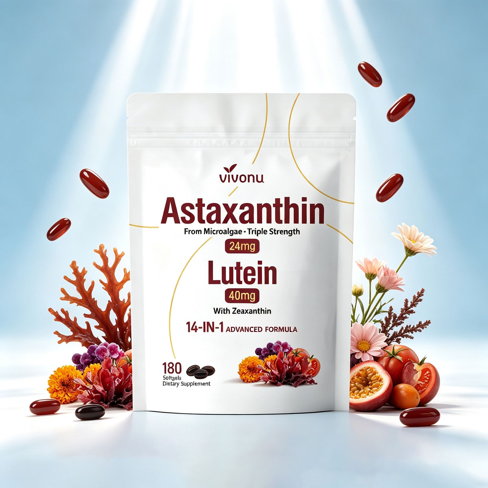 Astaxanthin 24mg Lutein 40mg 180 Softgels 14-in-1 Daily Dietary Supplement