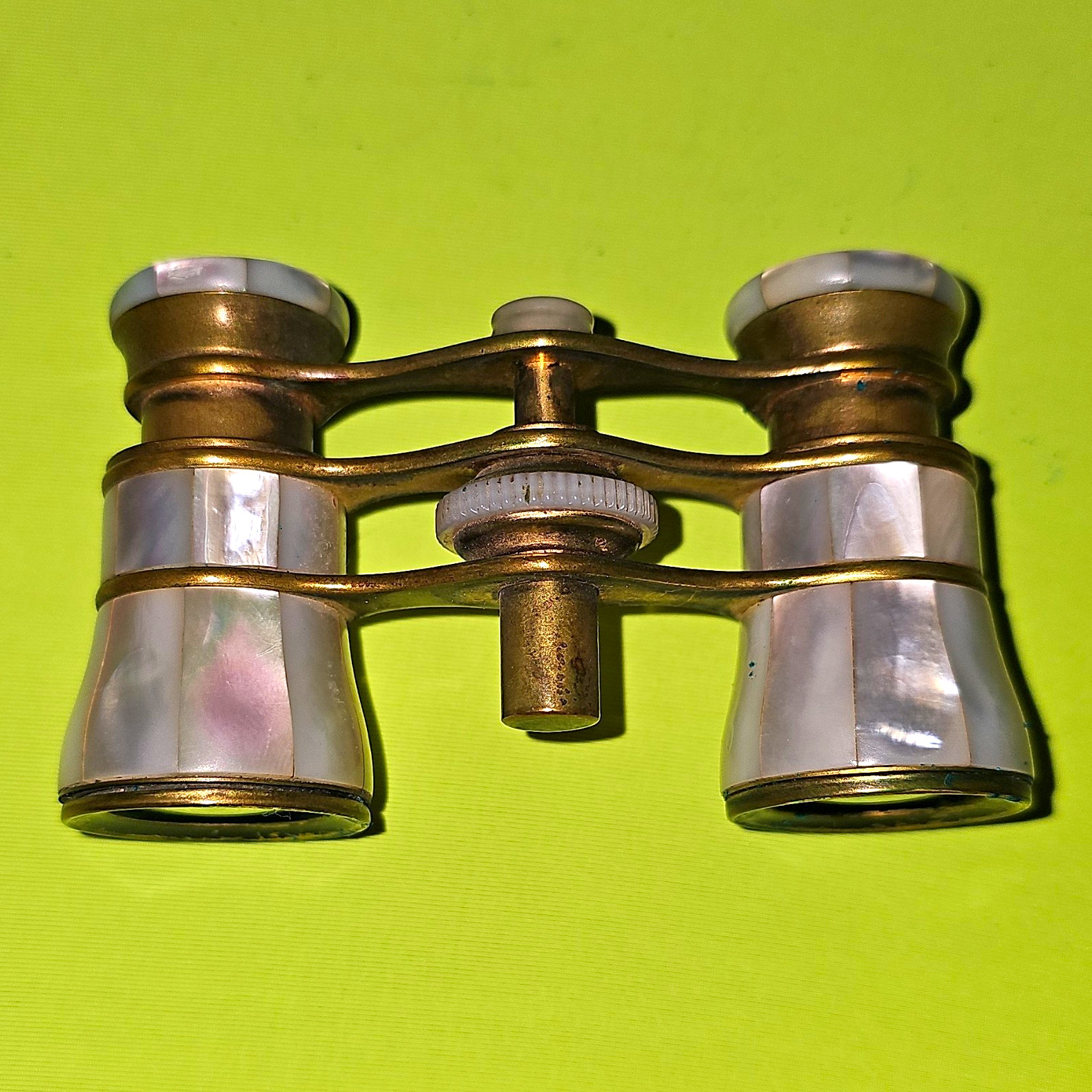 Antique Mother of Pearl Opera Glasses Brass Vintage Binoculars Case Stamp 61