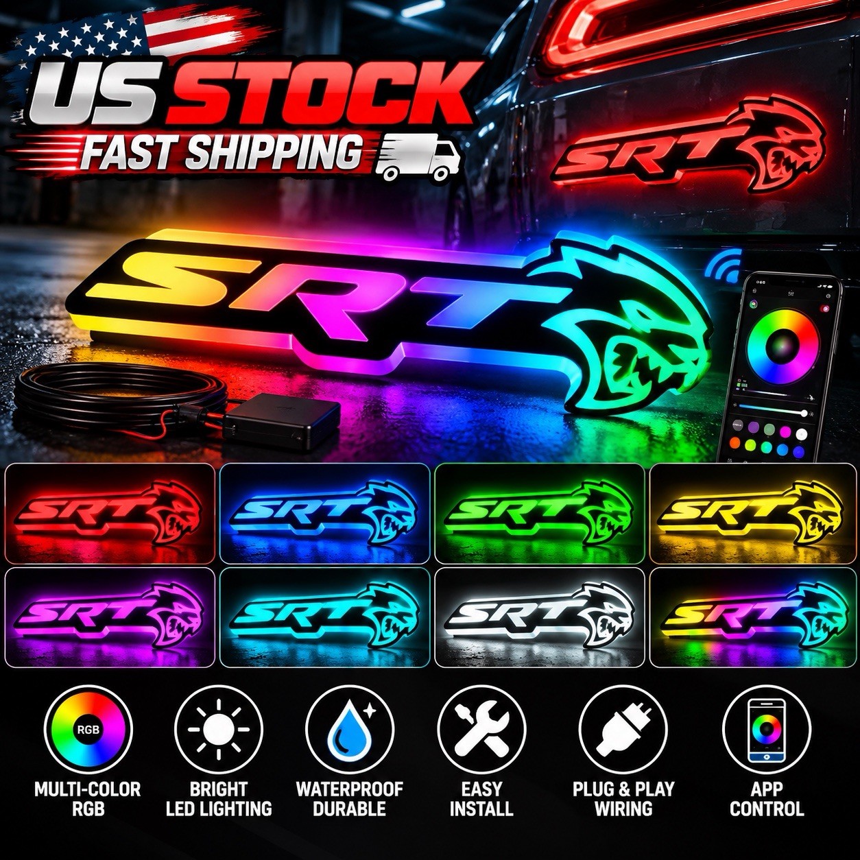 SRT HELLCAT LIGHT UP RGB EMBLEMLED BADGE BLUETOOTH SIGN AFTERMARKET