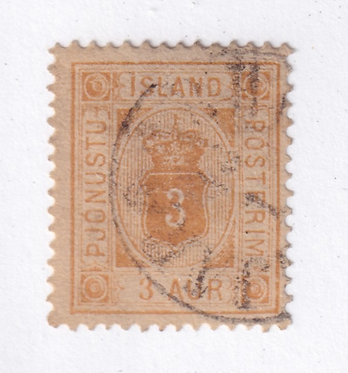 MATT\'S STAMPS SCOTT ICELAND #O4 YELLOW 3 AURAR 1876-95 OFFICIAL ISSUE USED CV$82