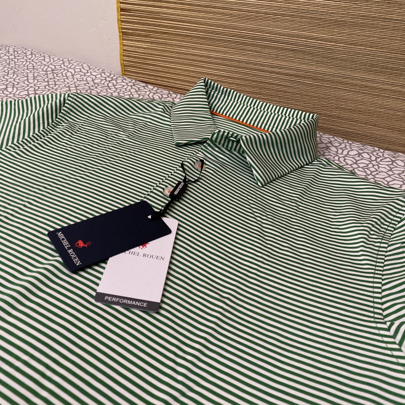 Michel Rouen Performance Mens Golf Polo Shirt Size Small Emerald Stripe NEW