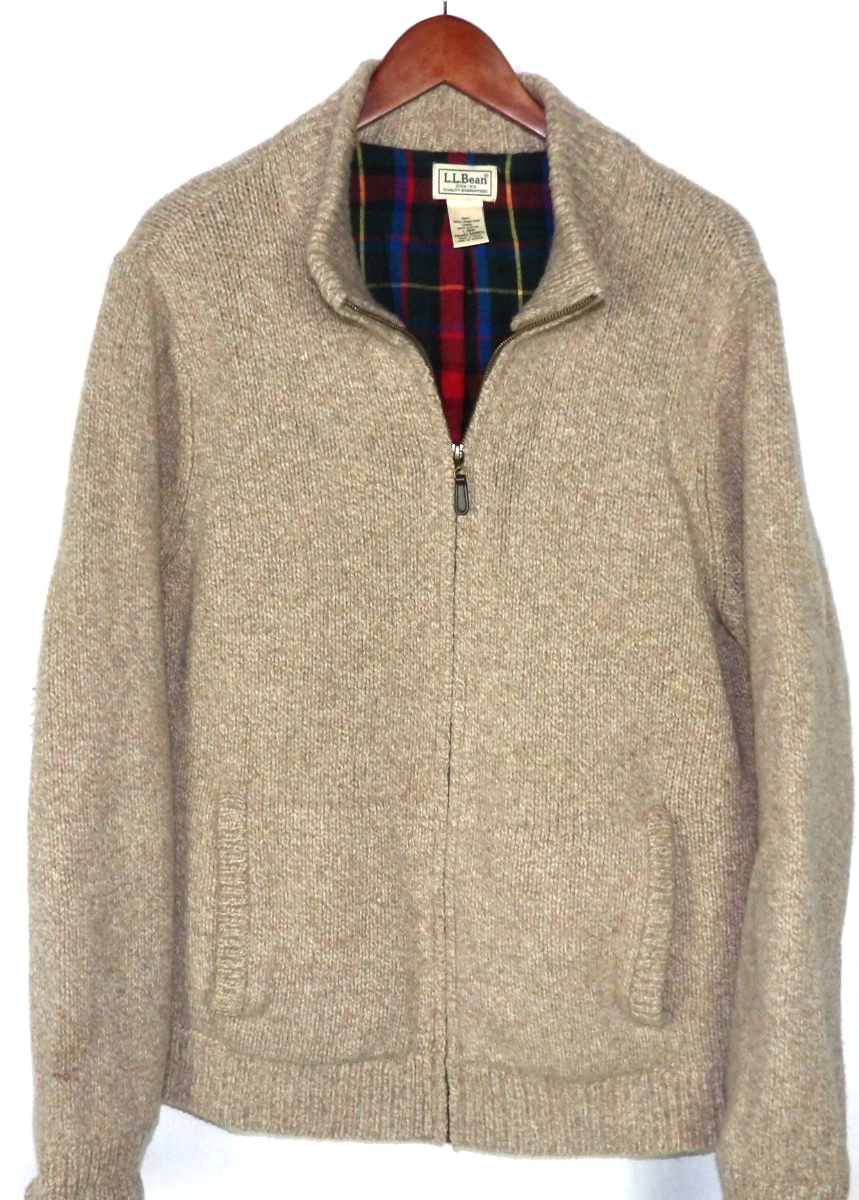 L.L. Bean 100% Lambs Wool Plaid Flannel Lined Full Zip-Up Sweater Men\'s Large