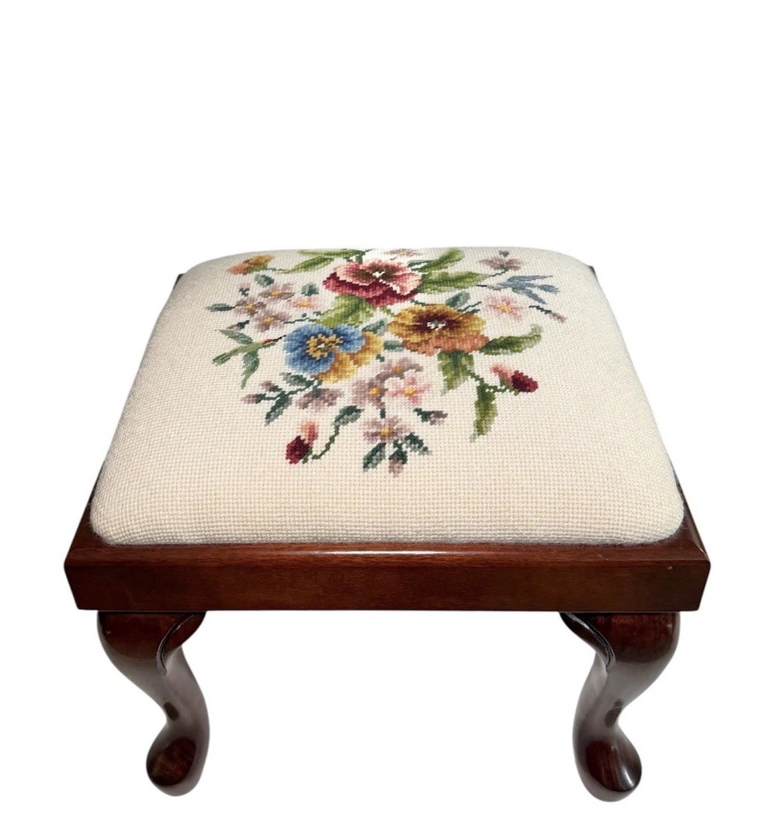 Vintage Queen Anne Style Needlepoint Footstool Handcrafted Floral Wood Ottoman Vintage Queen Anne Style Needlepoint Footstool Handcrafted Floral Wood Ottoman