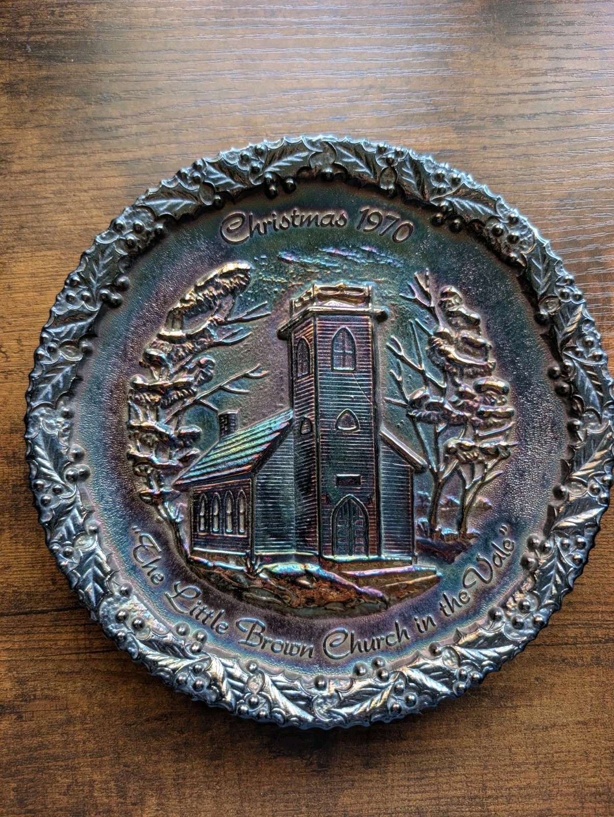 1970 Fenton Amythest Carnival Glass Christmas Plate ‘The Little Brown Church\' #1 1970 Fenton Amythest Carnival Glass Christmas Plate ‘The Little Brown Church\' #1