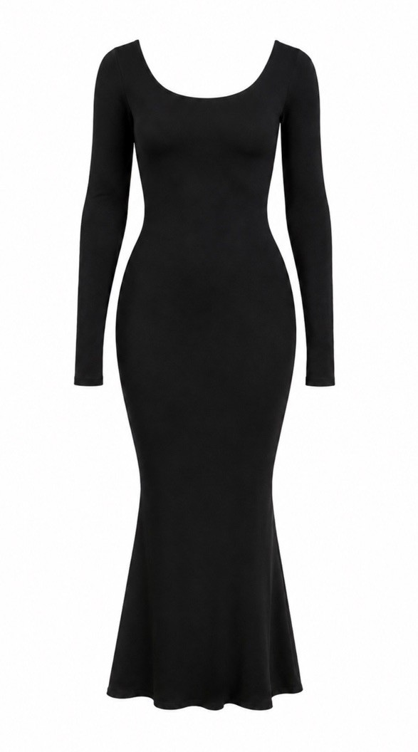 TA3 Scoopy Black Ribbed Knit Mermaid Maxi Dress Long Sleeve Large Short NWT