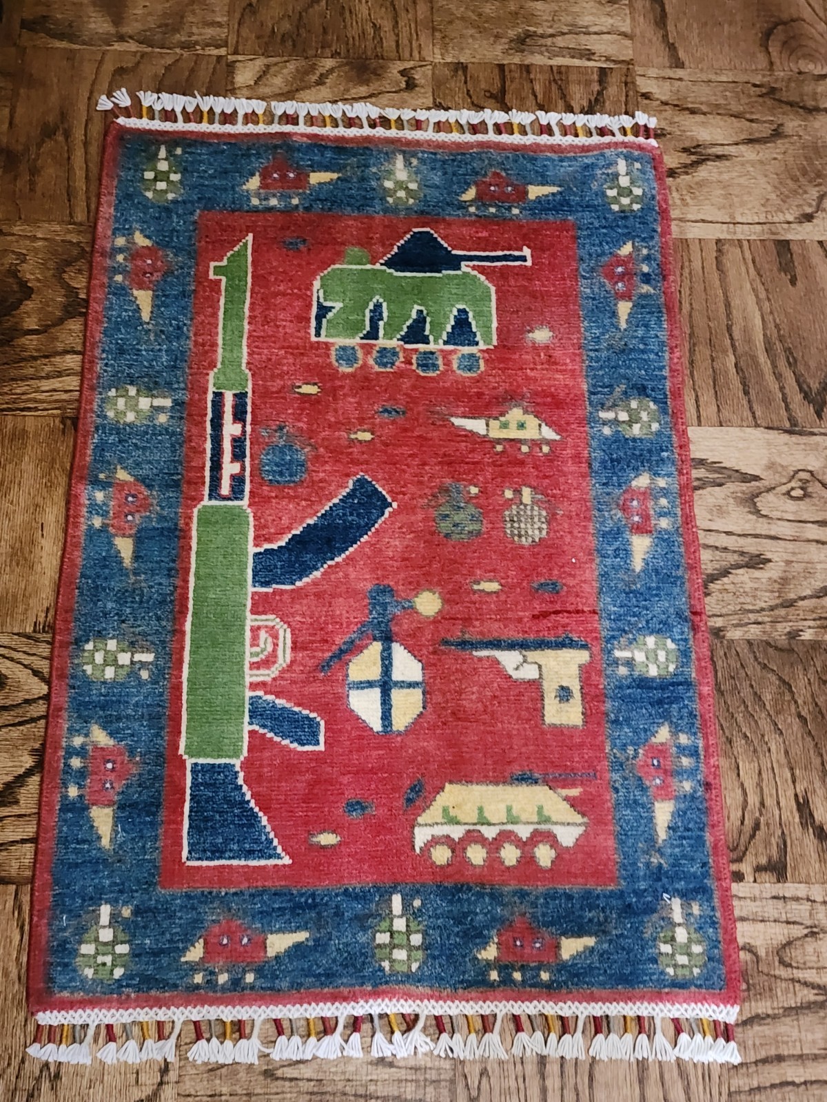Hand Knotted 2' X 3' Afghan War Rug 100% Wool AK Tank Helicopter Afghani Hand Knotted 2' X 3' Afghan War Rug 100% Wool AK Tank Helicopter Afghani