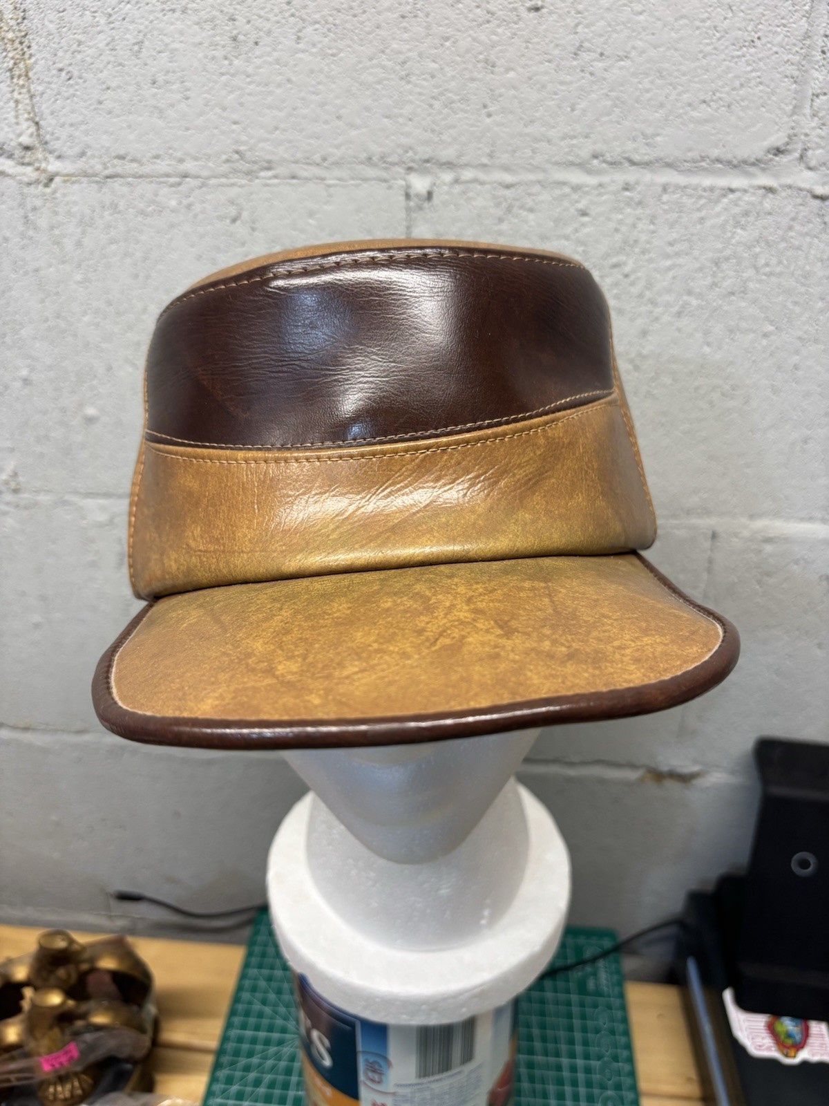 VTG 1960s-1970s VINYL Brown Sz XL HUNTING CAP Ear/ Neck Flap Great Shape