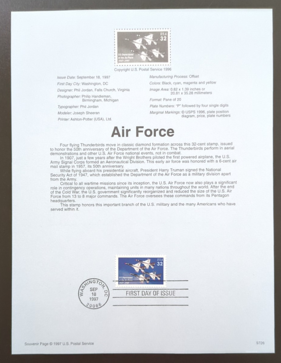 32c U. S. Air Force 1997 SOUVENIR PAGE SCOTT # 3167 SP1249 32c U. S. Air Force 1997 SOUVENIR PAGE SCOTT # 3167 SP1249