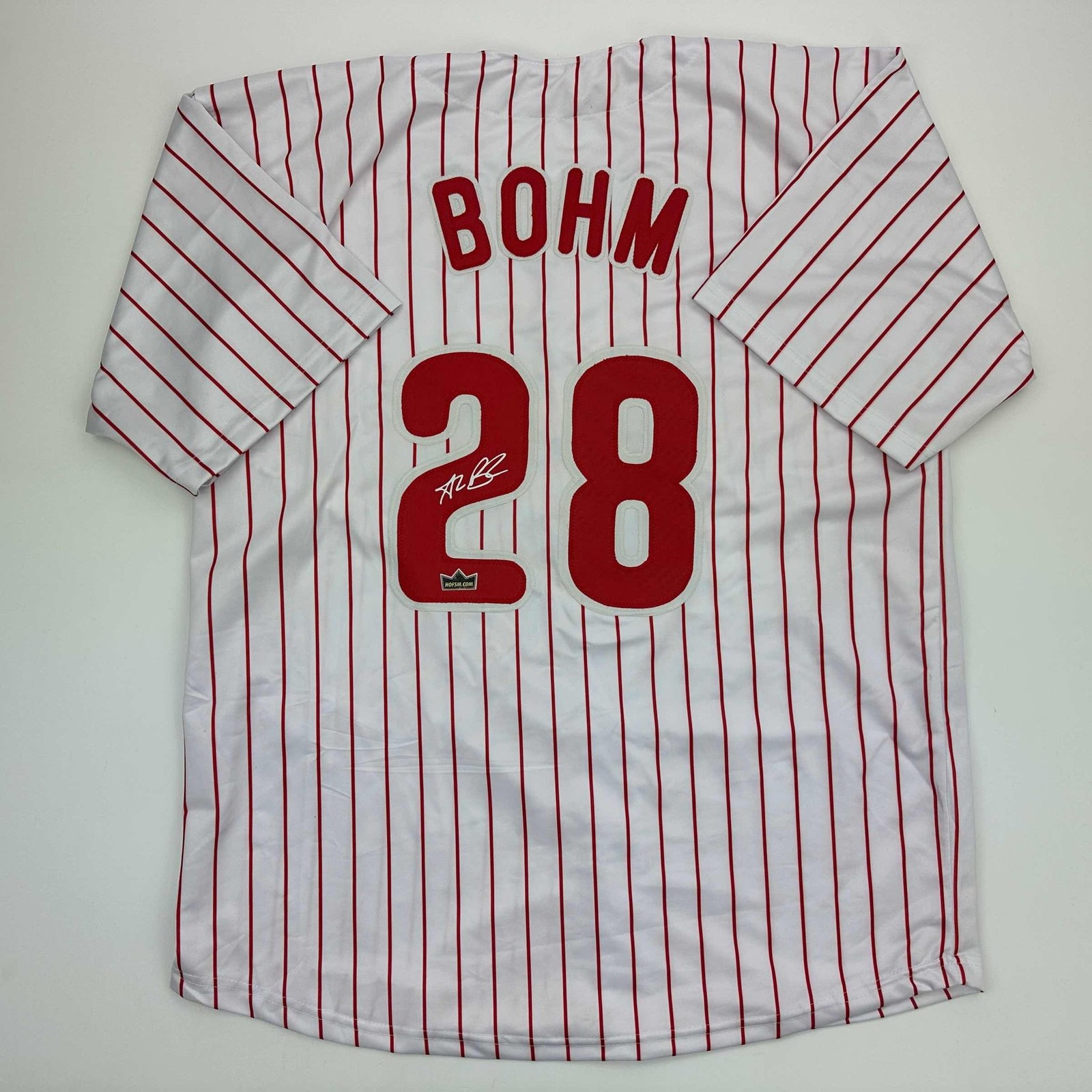 Facsimile Autographed Alec Bohm Philadelphia Pinstripe Jersey Men\'s XL Facsimile Autographed Alec Bohm Philadelphia Pinstripe Jersey Men\'s XL