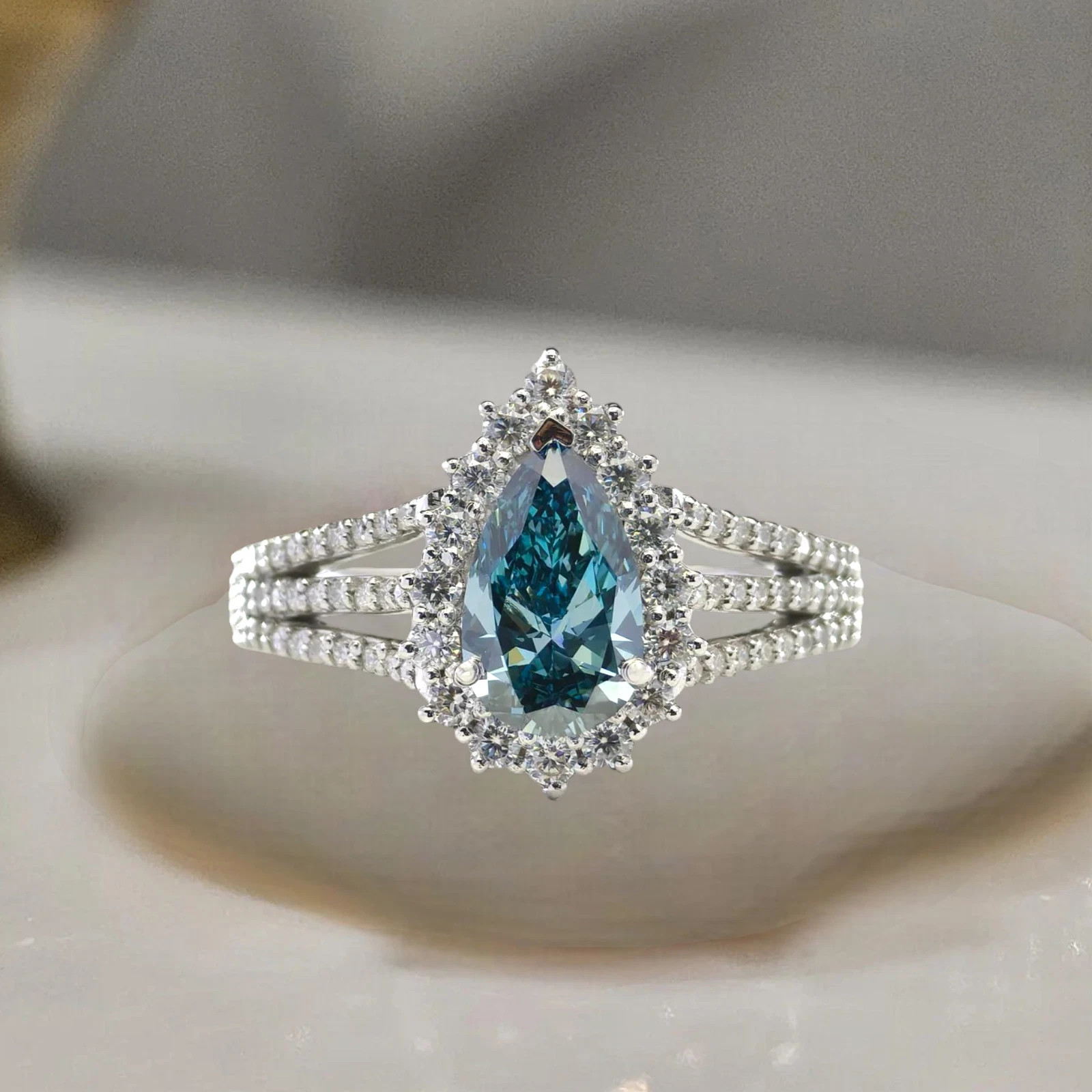 2.00Ct Pear Cut Natural Blue & Diamond Luxury Wedding Ring Solid 14k White Gold