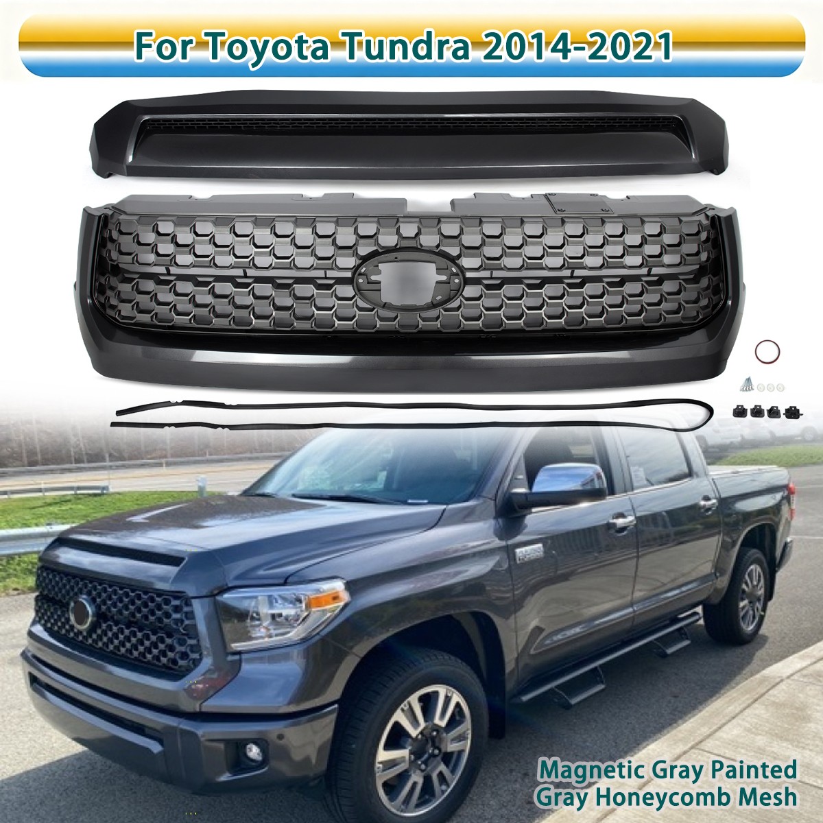 For 2014-2021 Toyota Tundra Magnetic Gray Front Upper Grille+Hood Bulge Molding