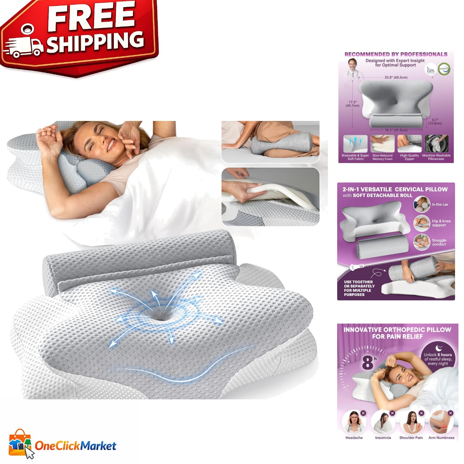 3-in-1 Orthopedic Memory Foam Pillow with Adjustable Height for Neck Pain Relief