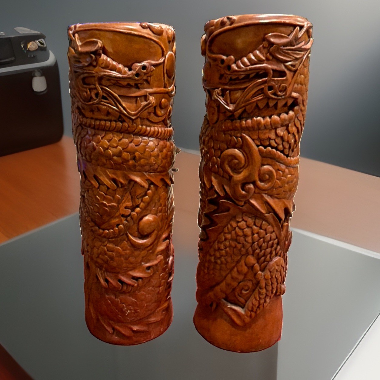 Vtg/Atq Pair Of 15” Chinese Deep Relief Carved Dragon Brush Pots Bitong Vases Vtg/Atq Pair Of 15” Chinese Deep Relief Carved Dragon Brush Pots Bitong Vases