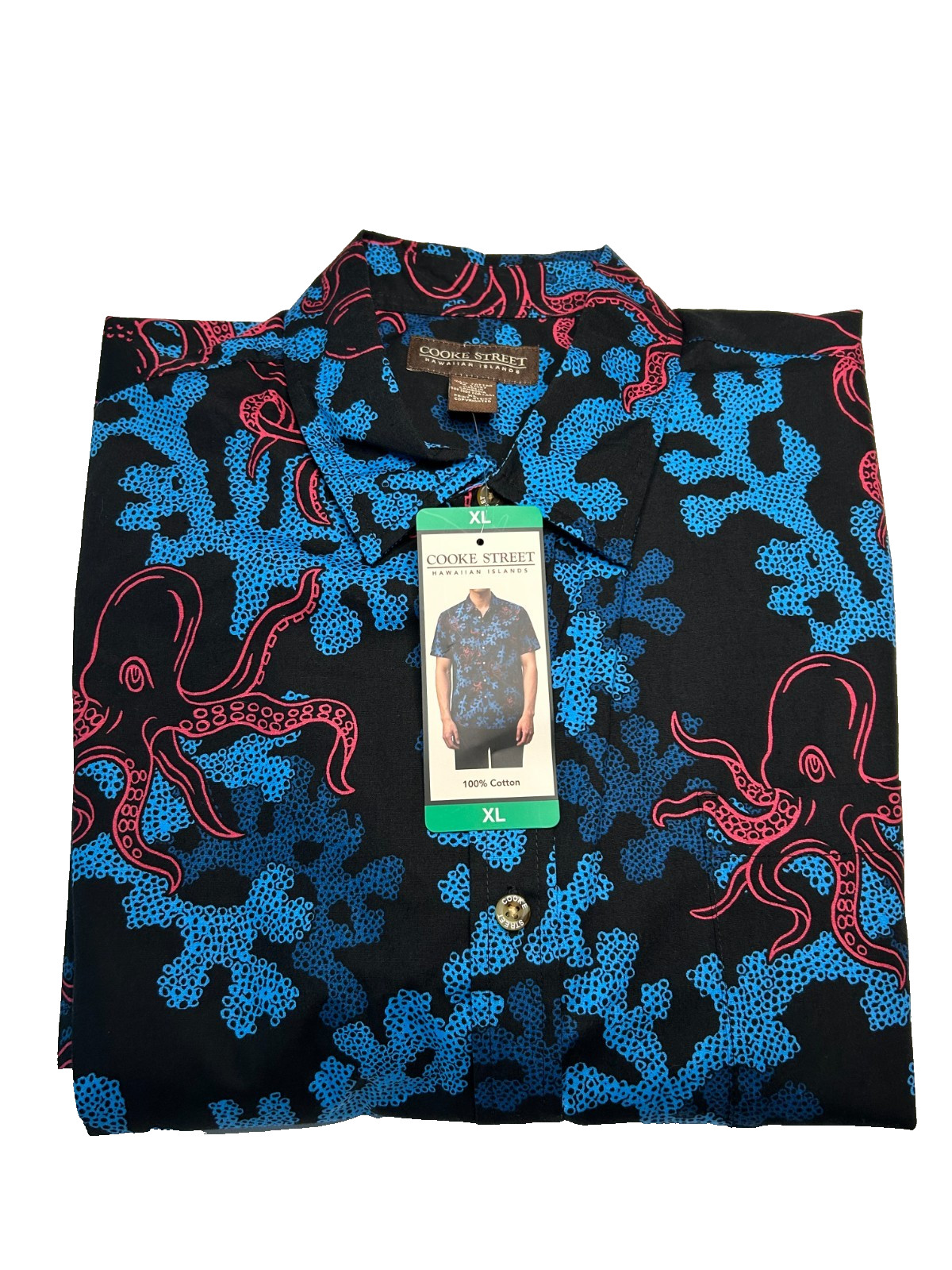 Cooke Street Men\'s Aloha Hawaiian Shirt, Short Sleeve, Cotton, Black, Size XL Cooke Street Men\'s Aloha Hawaiian Shirt, Short Sleeve, Cotton, Black, Size XL