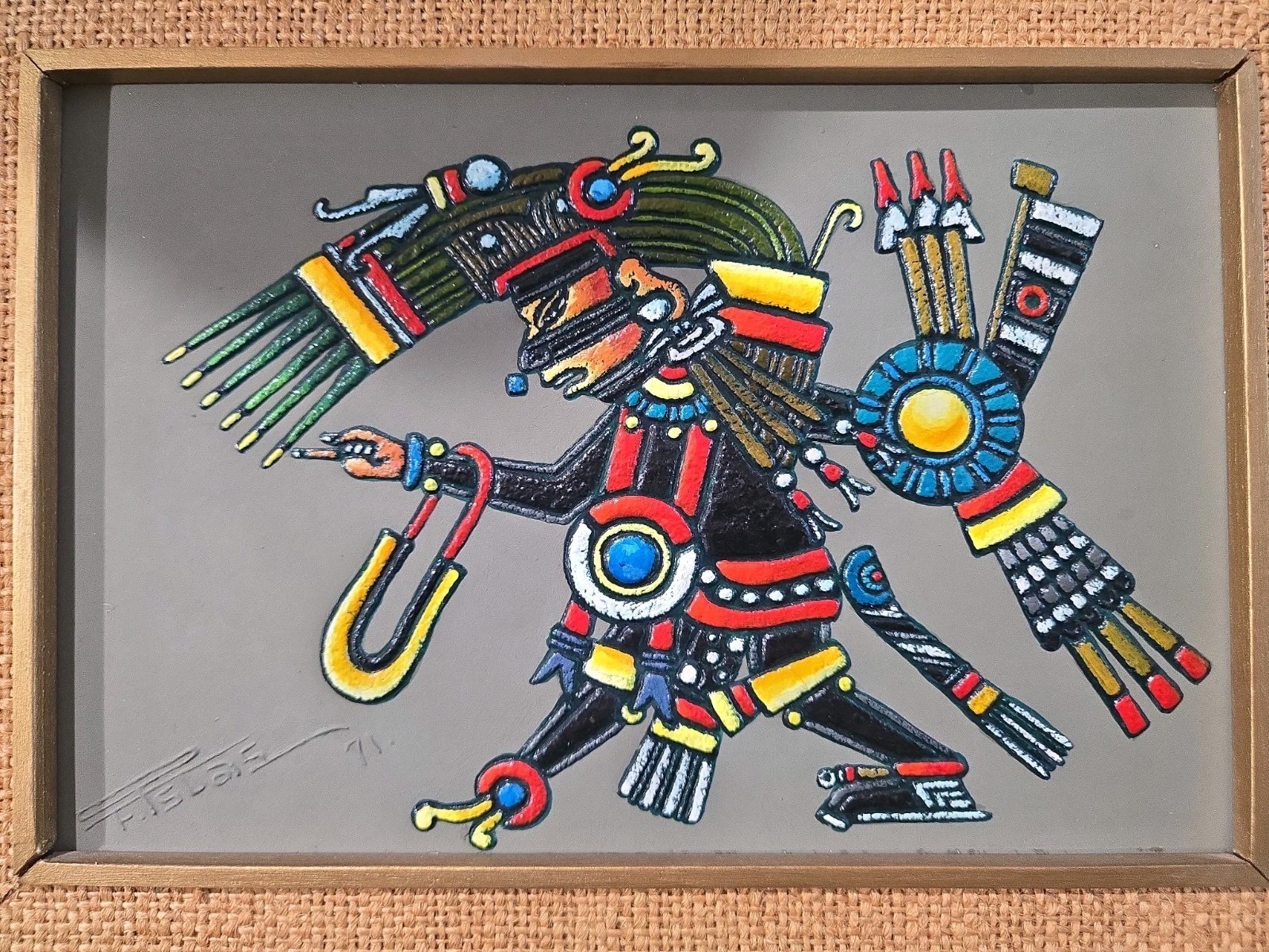FELIPE ISLAS -  SIGNED FRAMED 1971 Embossed Mixed Media  Aztec or Mayan God?