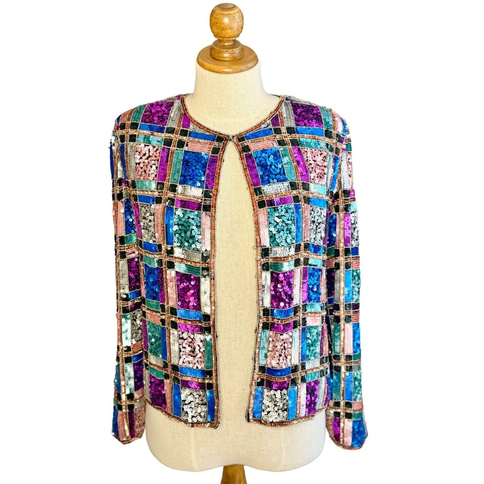 Vintage 1980’s Leslie Fay 100% Silk Rainbow Geometric Retro Sequin Blazer