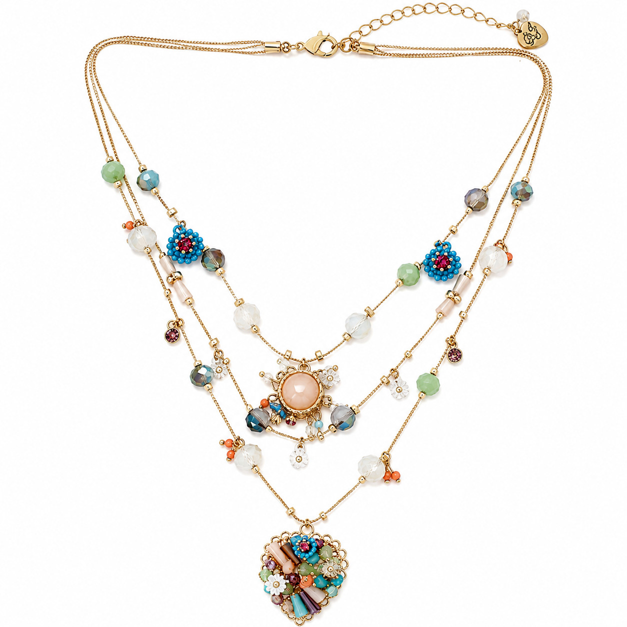 Gold-Tone Multilayer Necklace Faceted Beads Flower Heart Butterfly 16in Drop