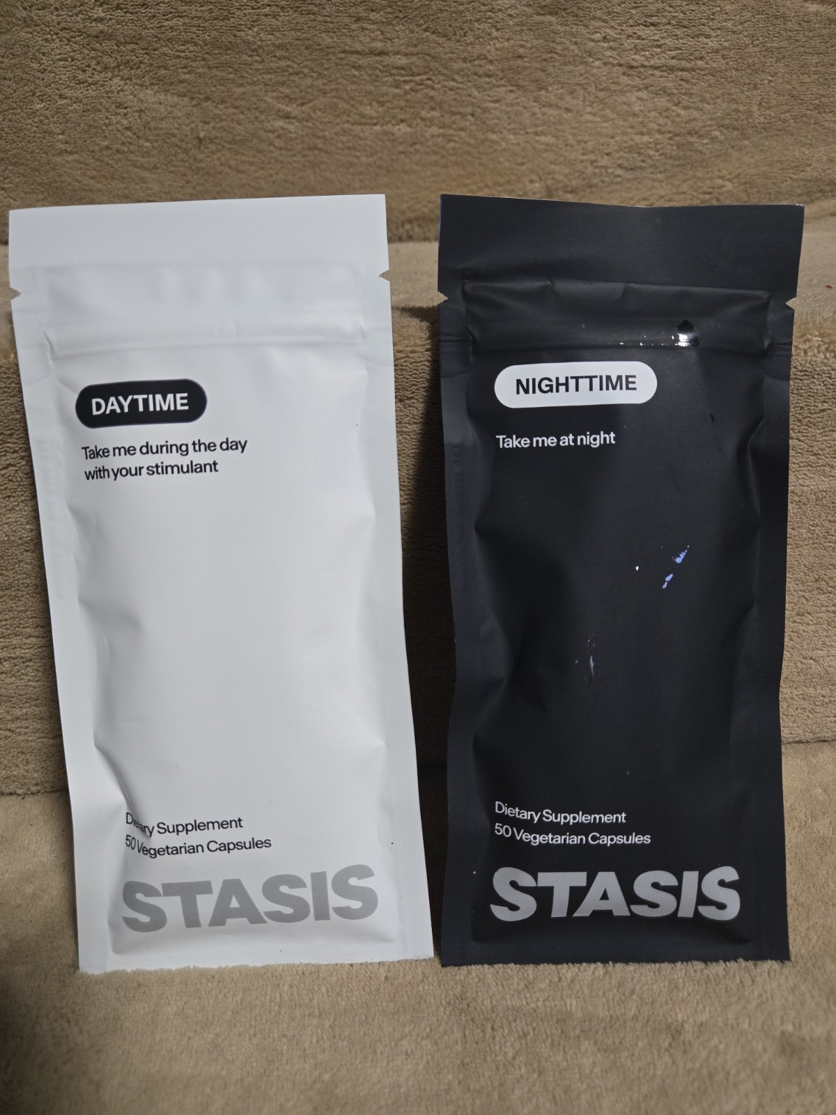 Stasis Daytime + Nighttime Supplement 2 Bags 50 Veg Caps Each Stasis Daytime + Nighttime Supplement 2 Bags 50 Veg Caps Each