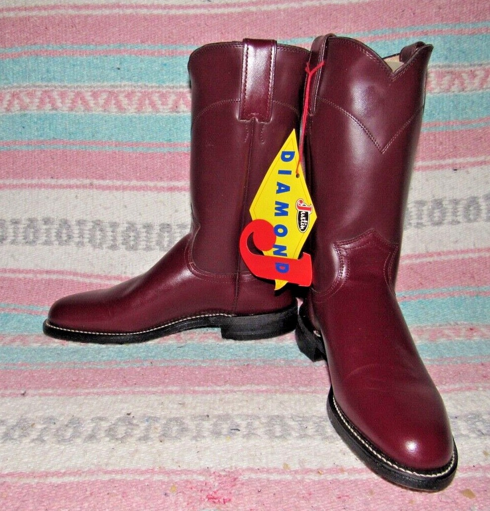Women\'s VTG Justin Diamond J Burgundy Leather Roper Cowboy Boots 5 B NEW in Box