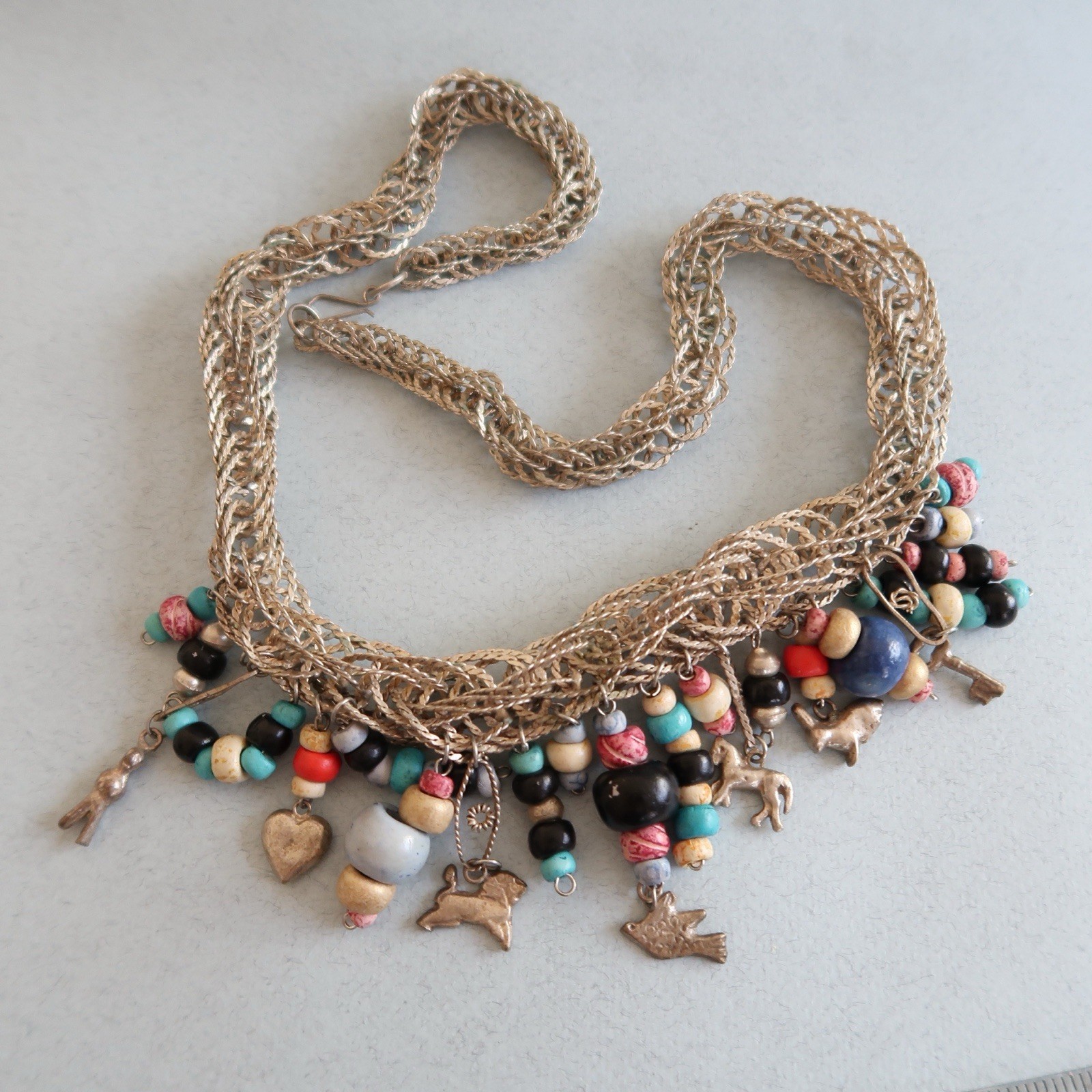 Vtg OOAK Indigenous SW Native Hand Tooled Woven Charm Necklace Traveler Estate Vtg OOAK Indigenous SW Native Hand Tooled Woven Charm Necklace Traveler Estate