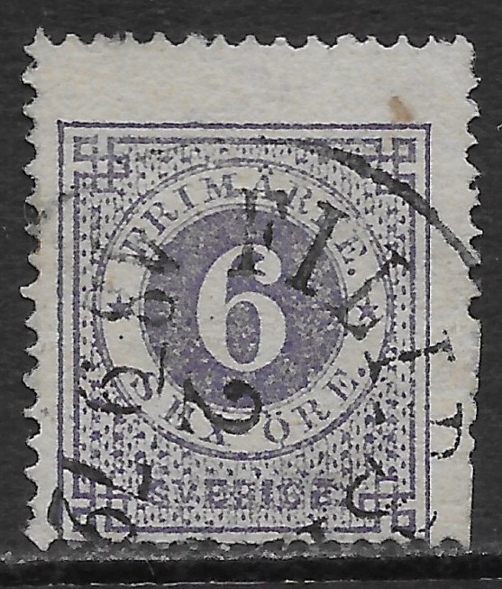 SWEDEN SCOTT 20 USED FINE - 1872 6o VIOLET - NUMERAL OF VALUE ISSUE