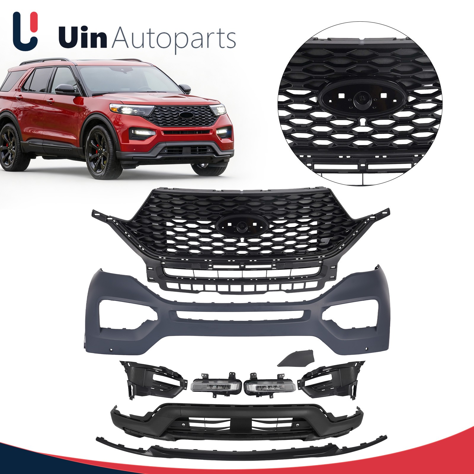 Fit 2020-2023 Ford Explorer ST Front Bumper Kit W/ Grille & LED Fog Lights Set Fit 2020-2023 Ford Explorer ST Front Bumper Kit W/ Grille & LED Fog Lights Set