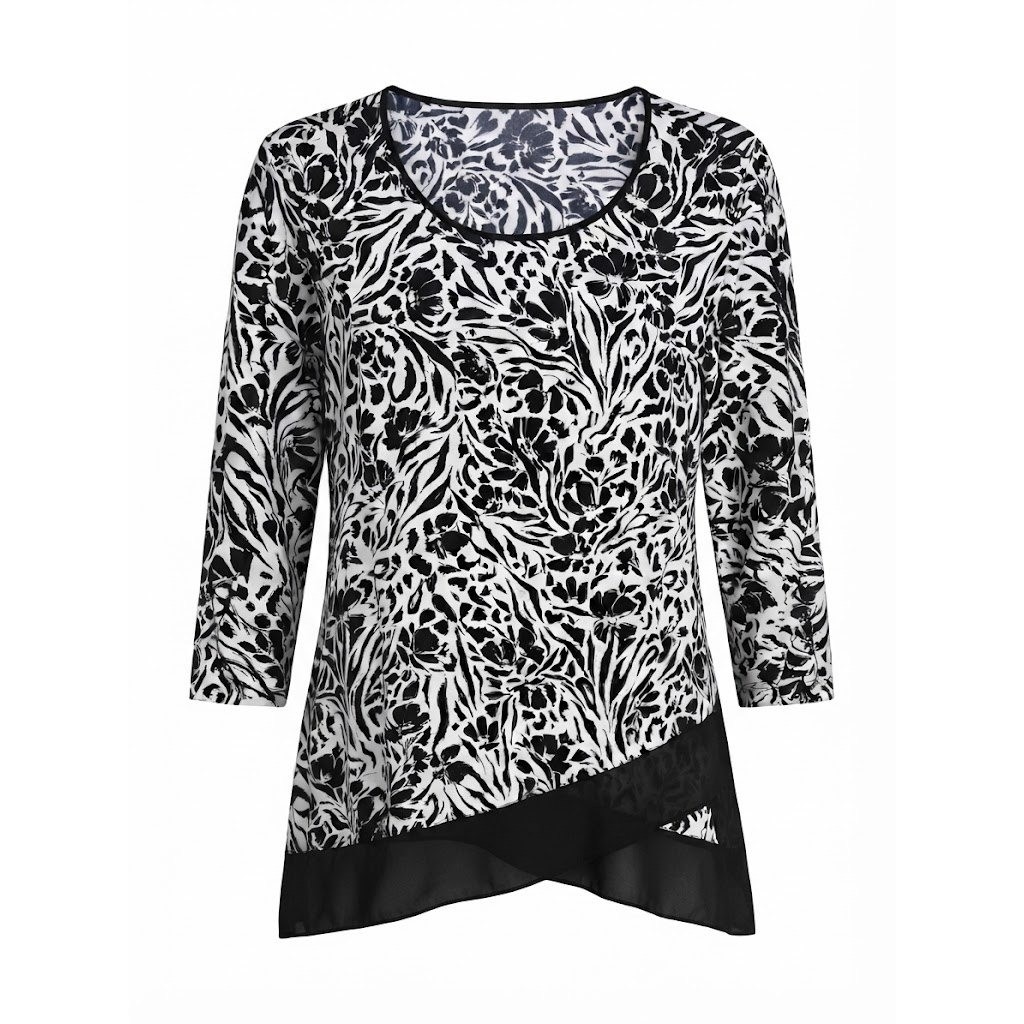 NEW Allison Daley Woman 2X Tunic Top Black White Floral Zebra Chiffon Hem