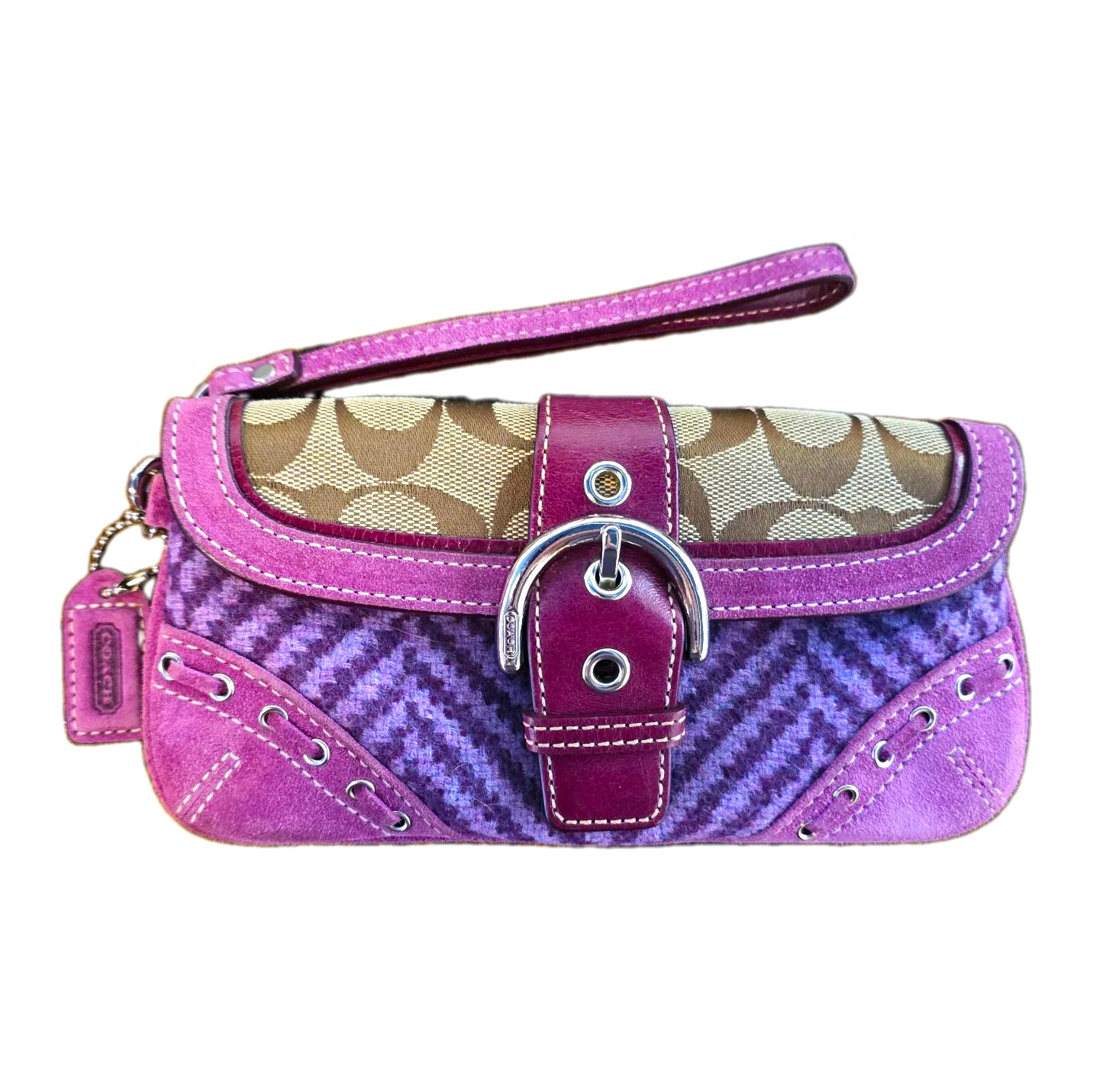 Coach Purple Signature C Canvas Suede Knitted Tweed Clutch Wristlet 8\