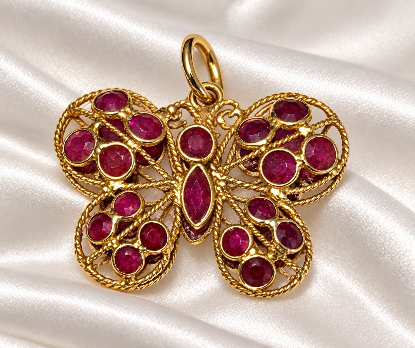 Charming 18 Kt Gold, Ruby, 2-Sided Butterfly Pendant