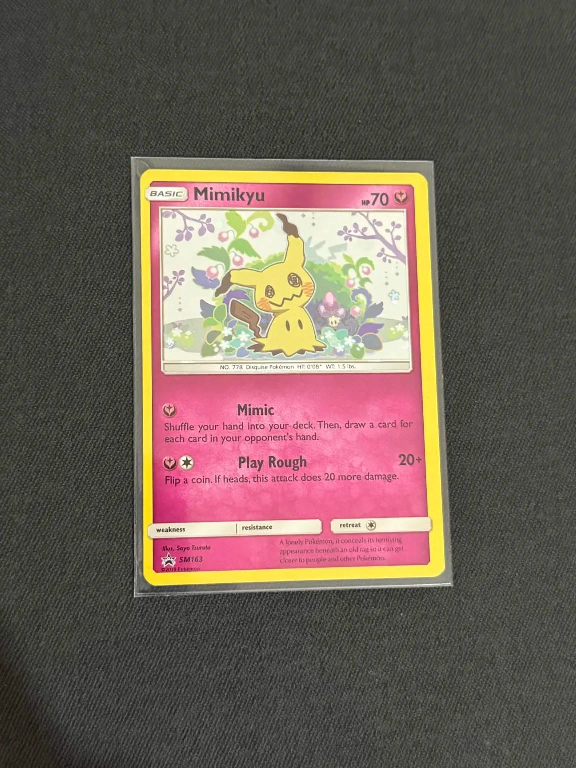 Pokémon TCG Mimikyu SM163 SM Black Star Promos Holo Promo (With Swirl) Pokémon TCG Mimikyu SM163 SM Black Star Promos Holo Promo (With Swirl)
