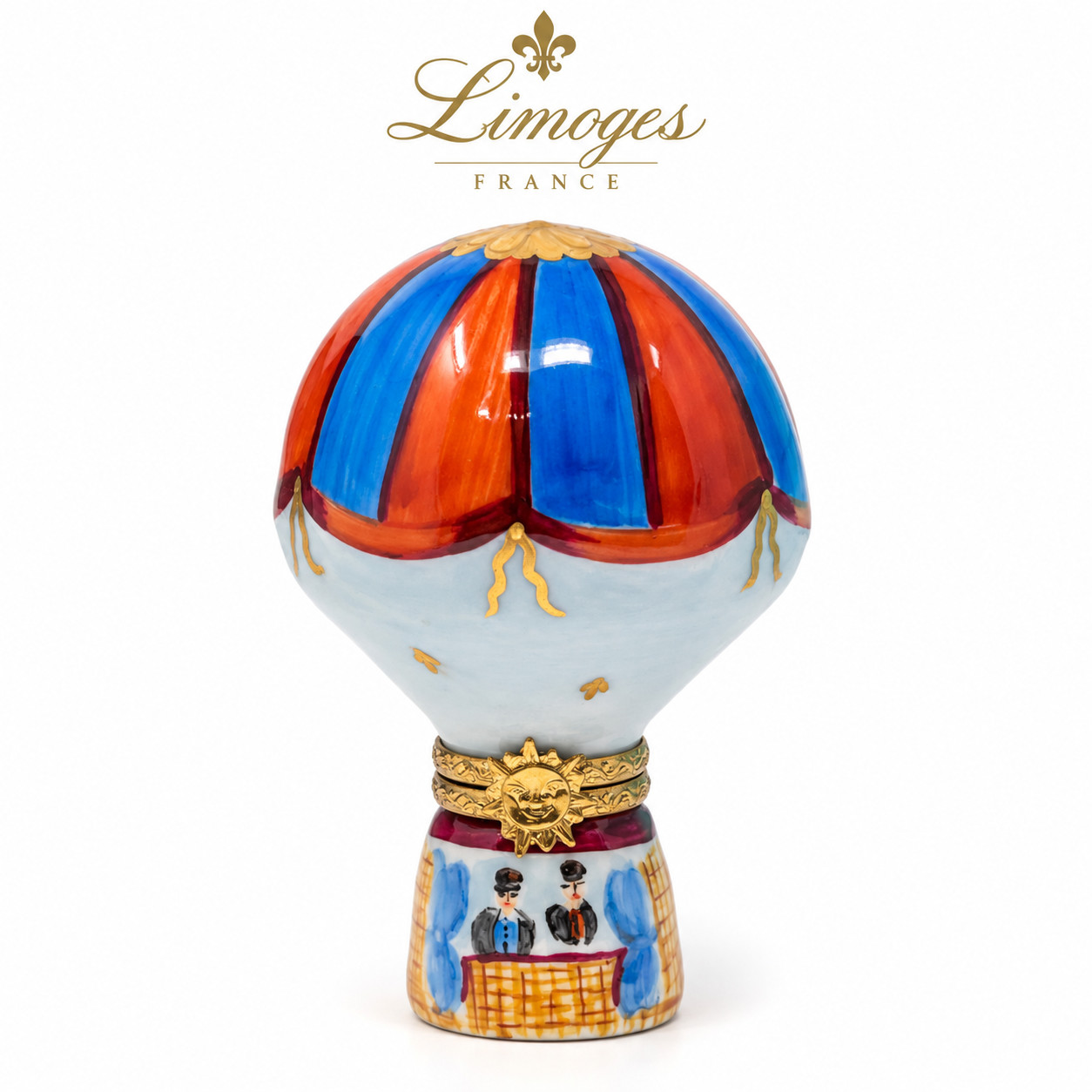 Limoges Peint Main France Hot Air Balloon Trinket Box Vintage Gilt Sun Clasp