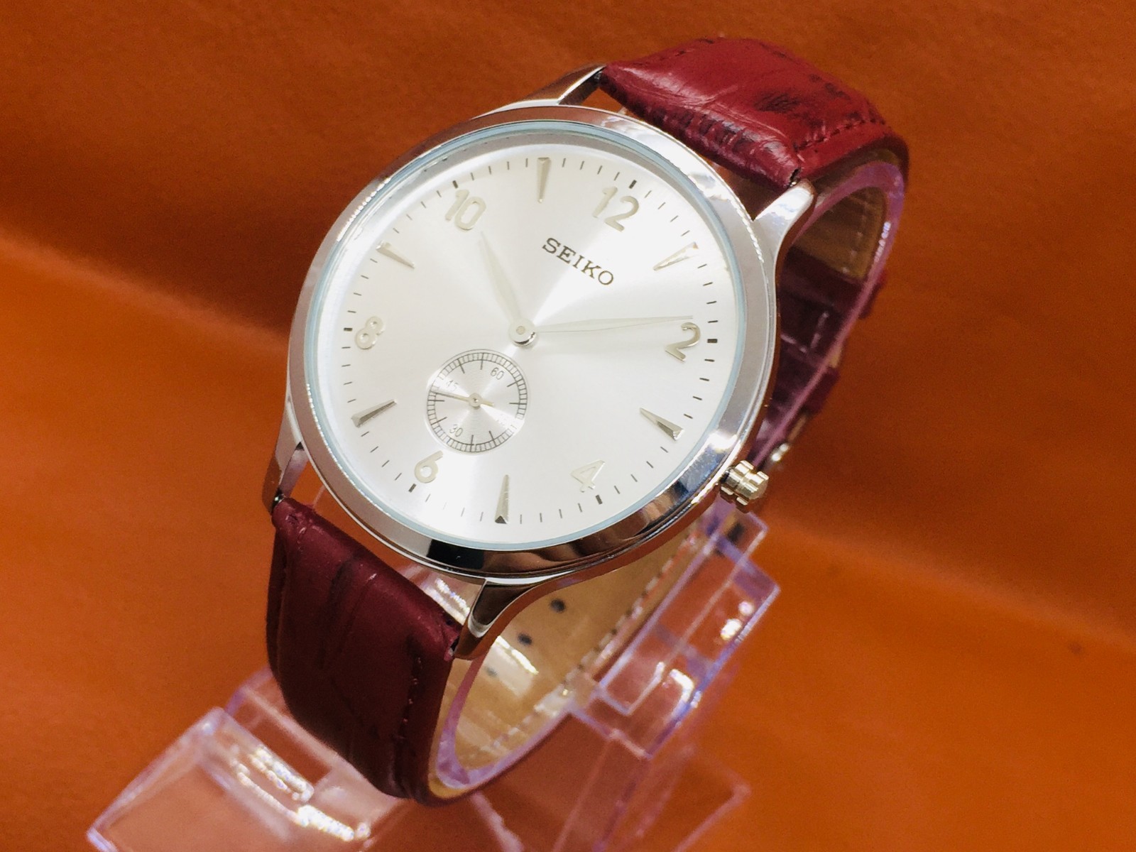 Vintage Seiko Round Slim Sub Second Silver Dial Brown Leather Band  Wrist Watch