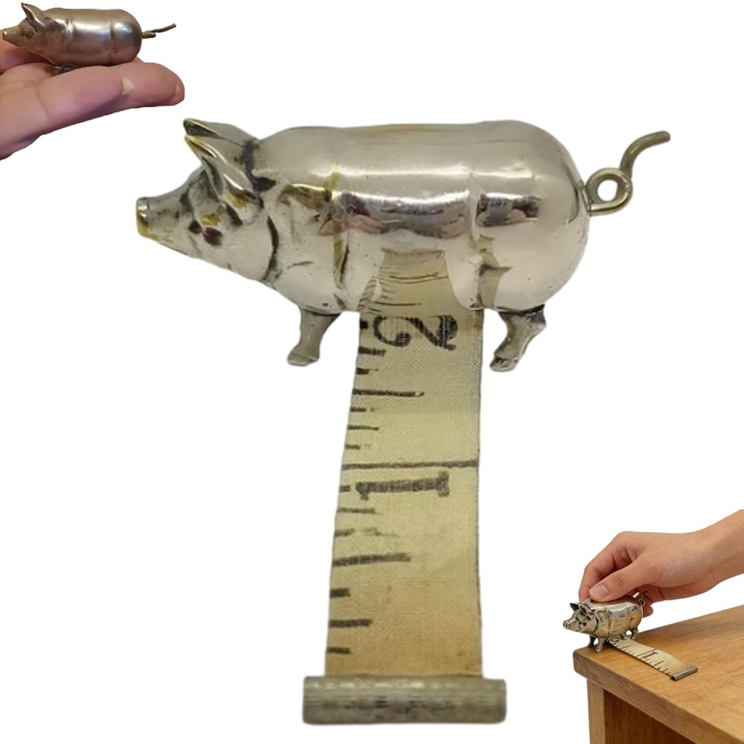 Antique-Inspired Pig Mini Tape Measure, Vintage Brass Pig Sewing Tape Measure, R