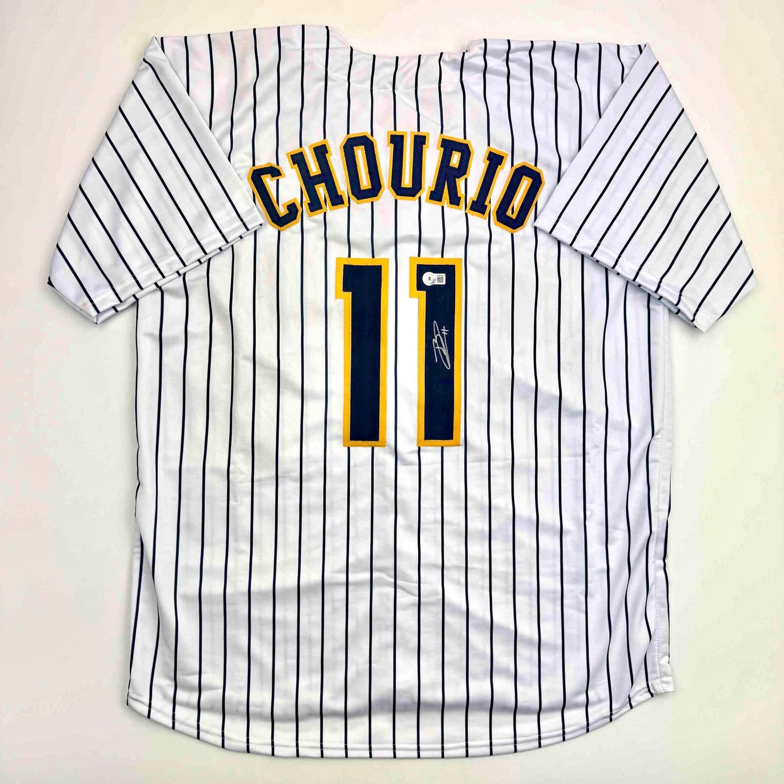 Autographed/Signed Jackson Chourio Milwaukee Pinstripe Jersey Beckett COA Autographed/Signed Jackson Chourio Milwaukee Pinstripe Jersey Beckett COA