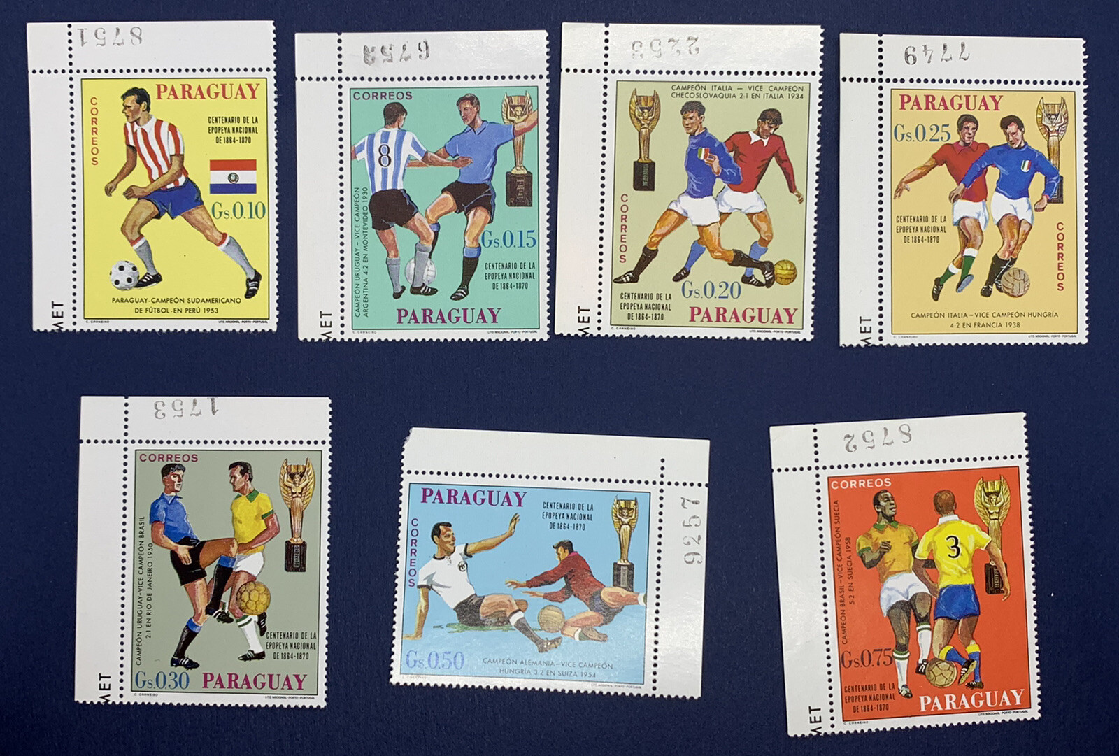 1969 PARAGUAY STAMPS #1189-1195 WORLD SOCCER TABS W/ UPSIDE DOWN PLATE MUMBER 1969 PARAGUAY STAMPS #1189-1195 WORLD SOCCER TABS W/ UPSIDE DOWN PLATE MUMBER