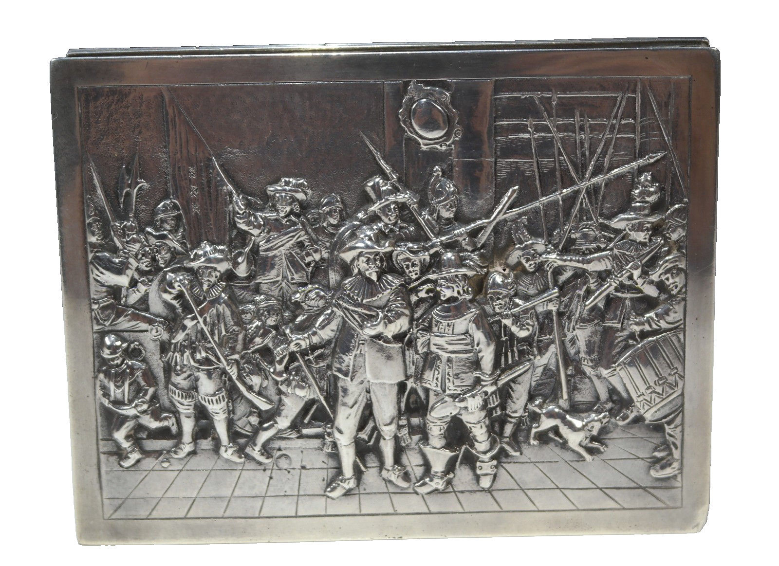 Dutch 833 Silver Repousse Box Night Watch scene by Rembrandt Circa 1919