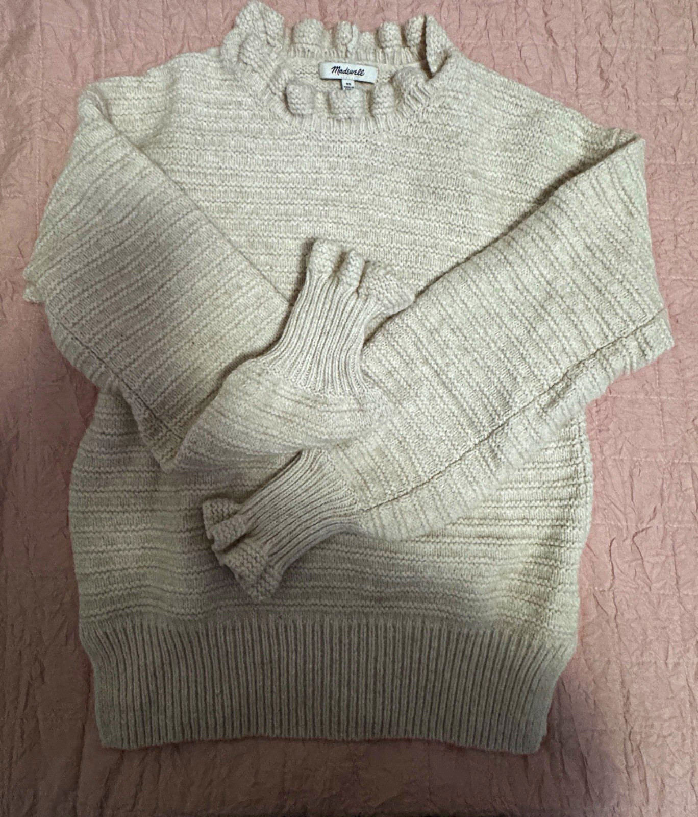 Madewell wool Women\'s Cream Solid Mock Neck Ruffle Knit Pullover Sweater XS