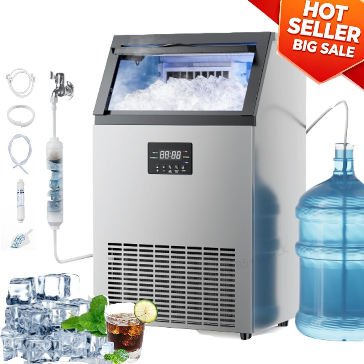 280lbs/24H Commercial Ice Maker Under Counter Freestanding Full ice Cube Machine