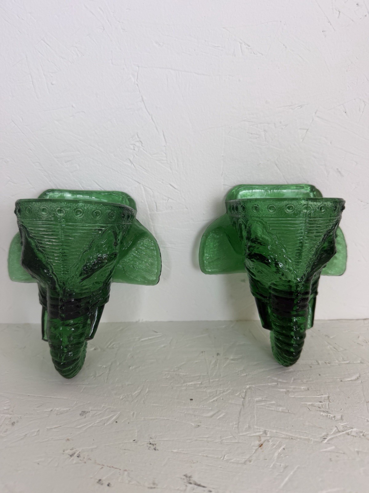 Antique 1880s EAPG Jumbo Elephant Green Wall Pocket Match Holder Pair Antique 1880s EAPG Jumbo Elephant Green Wall Pocket Match Holder Pair
