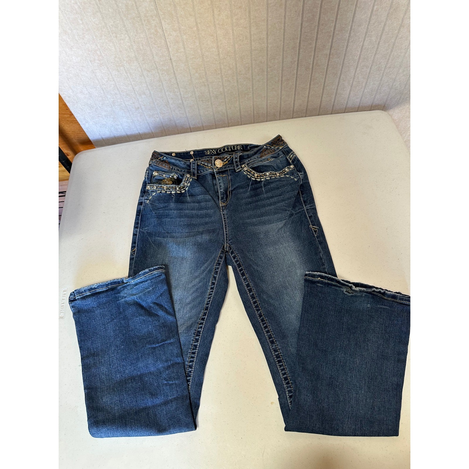 Sexy Couture Womens Bootcut Jeans Dark Wash Embroidered Rhinestone Pockets 29x31