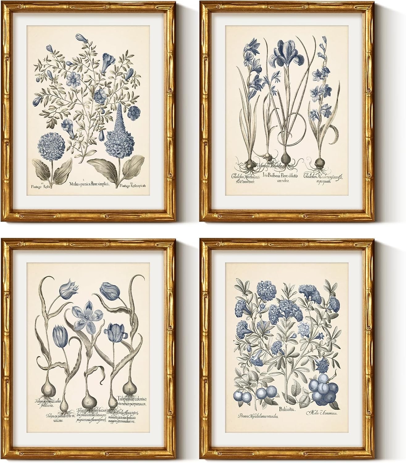 Rustic Bamboo Framed Blue Hydrangea Wall Art Set, 4 Pcs, 11x14 Inch