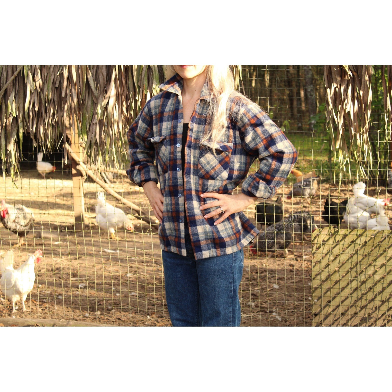 1980s Sears Kings Road Wool Padded Flannel Shirt Jacket Blue Plaid Mens L