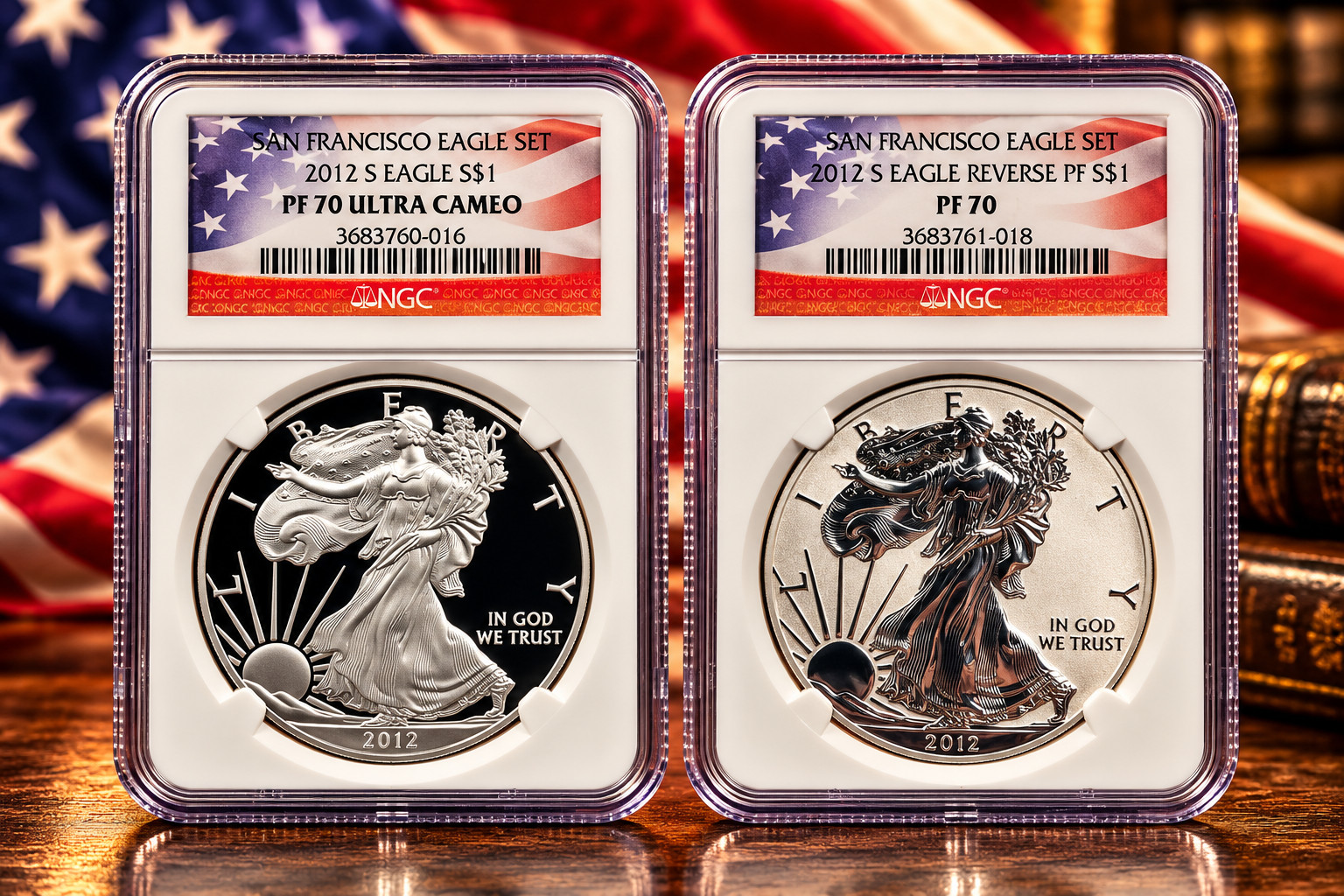 2012-S San Francisco Silver Eagle 2-Coin Set – NGC PF and Rev. PF 70\'s