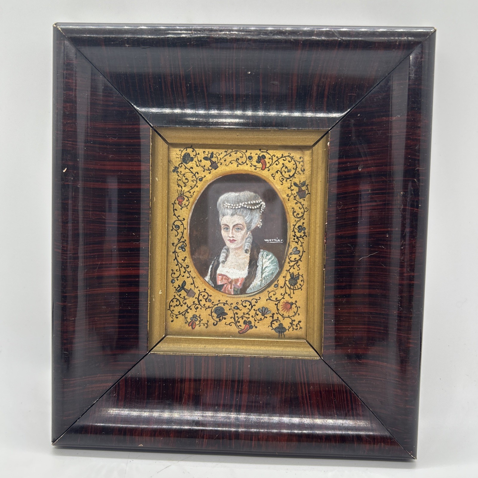 ANTIQUE MERCIER MINIATURE PAINTING PORTRAIT, WOOD FRAMED, SIGNED, c1900? vg