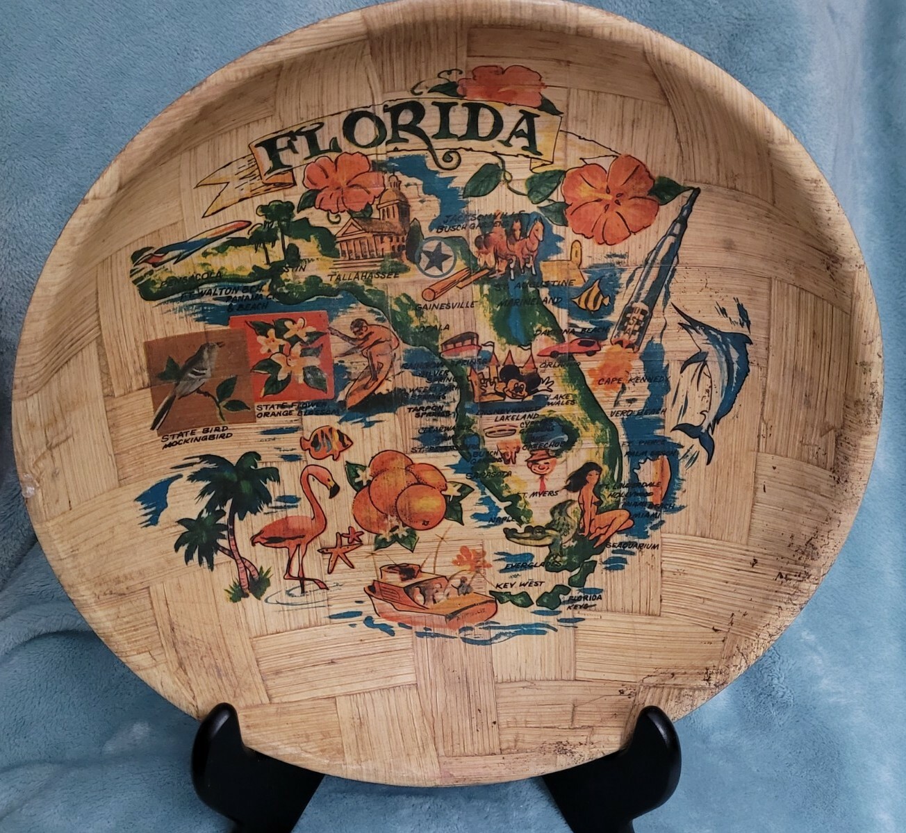 VINTAGE FLORIDA ATTRACTIONS WOODEN BAMBOO SOUVENIR BOWL
