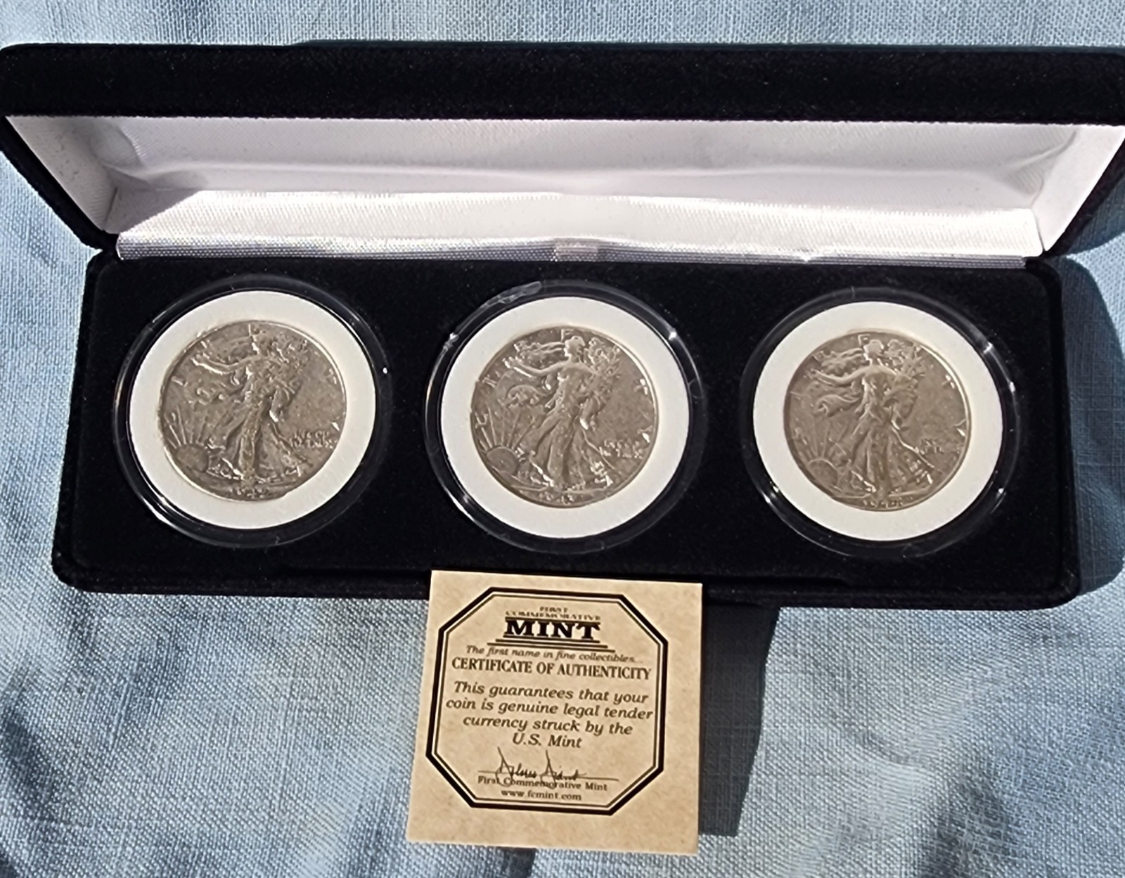 1942-P, 1943-D, 1944-S walking liberty .50 90% silver First Commorative Mint COA 1942-P, 1943-D, 1944-S walking liberty .50 90% silver First Commorative Mint COA